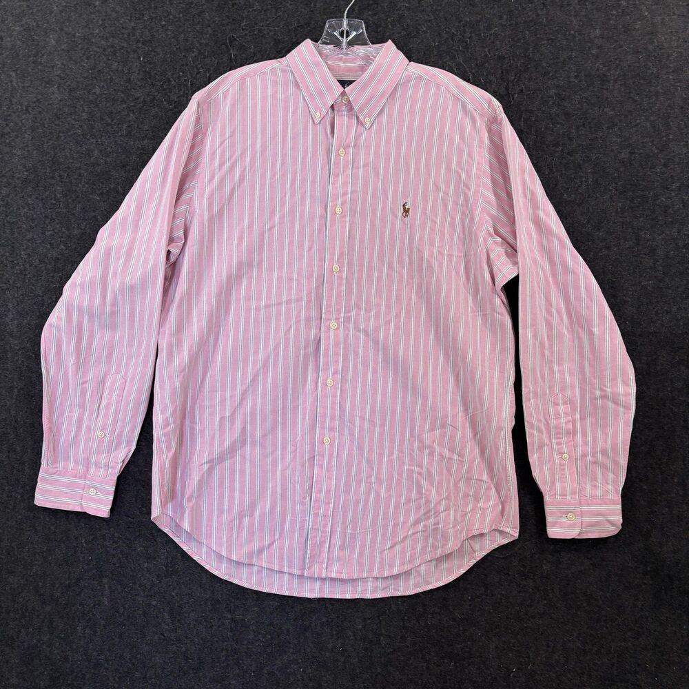Ralph Lauren Shirt Men's Large Pink Vertical Striped Classic Fit Pony Preppy